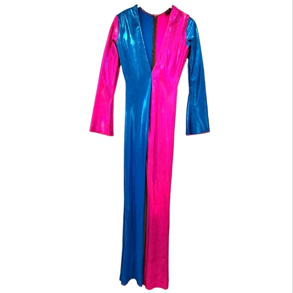 Super hot pink Metallic blue v neck fitted Jumpsuit.M8 costom made. - Picture 1 of 7